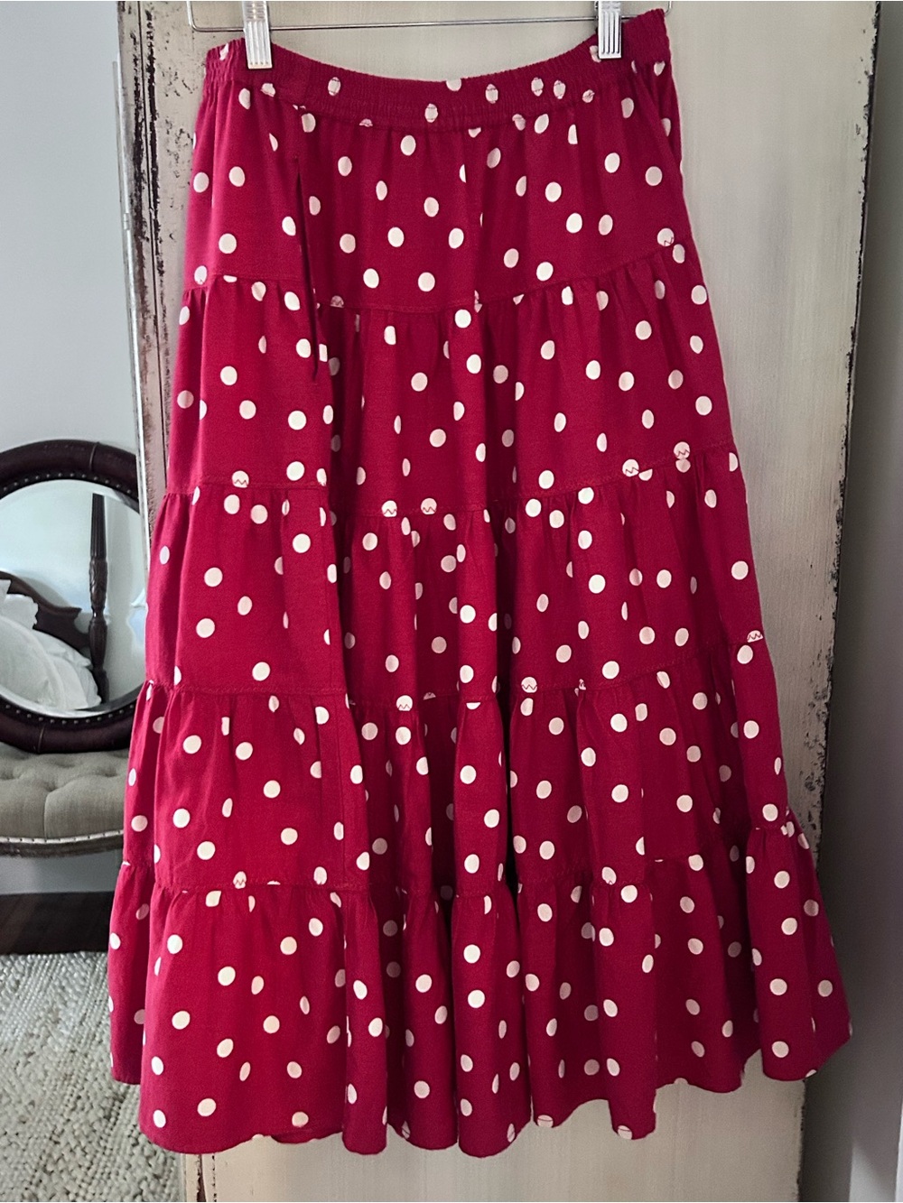 Red Skirt with Off White Polka Dots, Size Medium